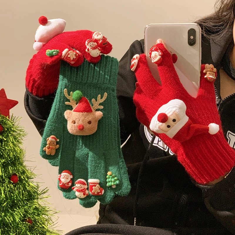 可爱圣诞元素可触屏圣诞风针织手套加绒加厚防风保暖手套时尚手套