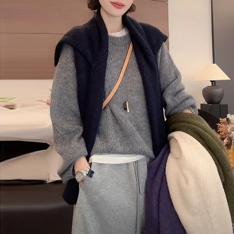 2025年秋季新款衣服女韩系圆领纯色长袖针织衫+修身打底衫两件套
