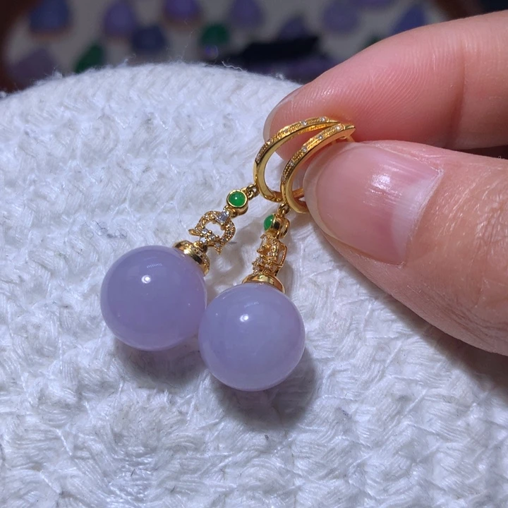 翡翠耳饰18K金镶嵌粉紫珠耳包