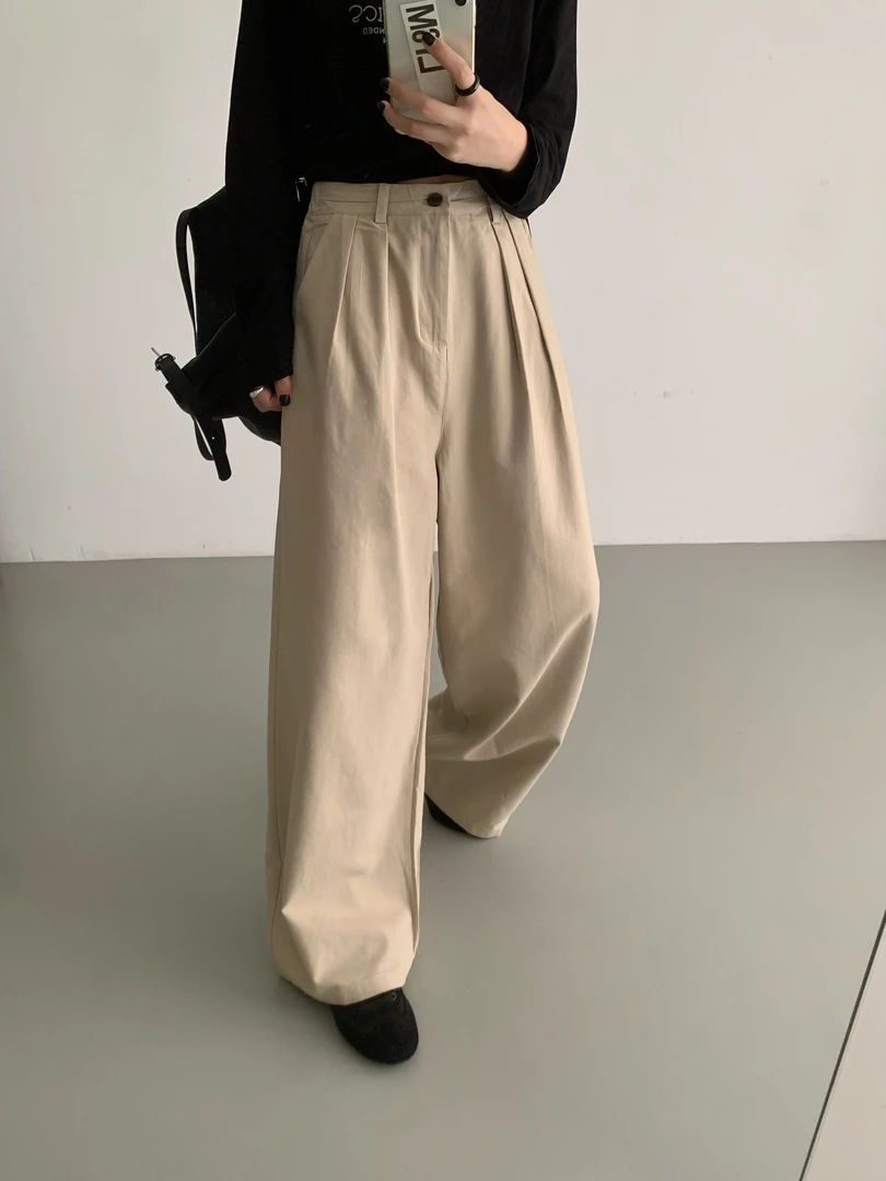 韩系时尚百搭宽松半松紧腰褶皱设计垂感显瘦休闲阔腿裤H3080