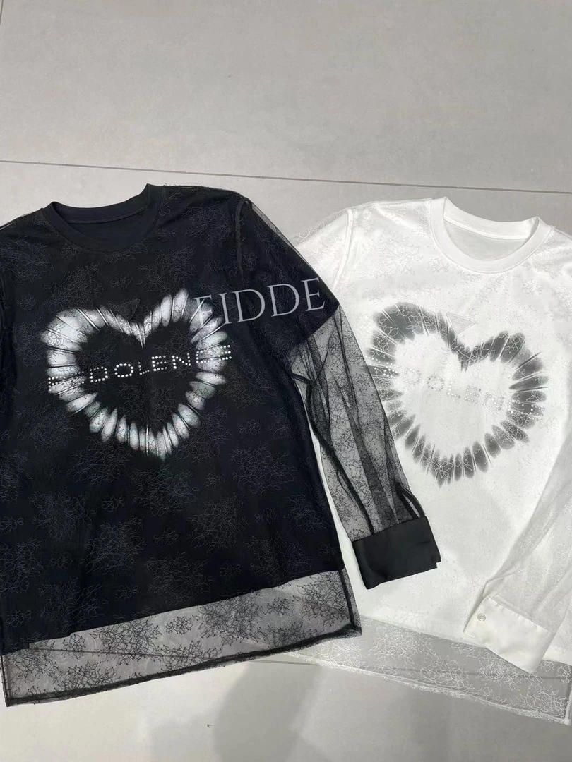 【EIDDE】休闲时尚桃心重工拼接圆领网纱黑色长袖T恤