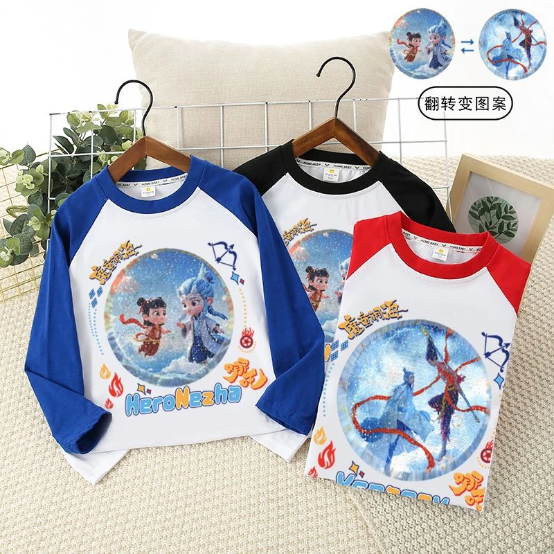MUMUWU哪吒魔童闹海圆领拼色T恤国潮动漫男女童春秋上衣儿童