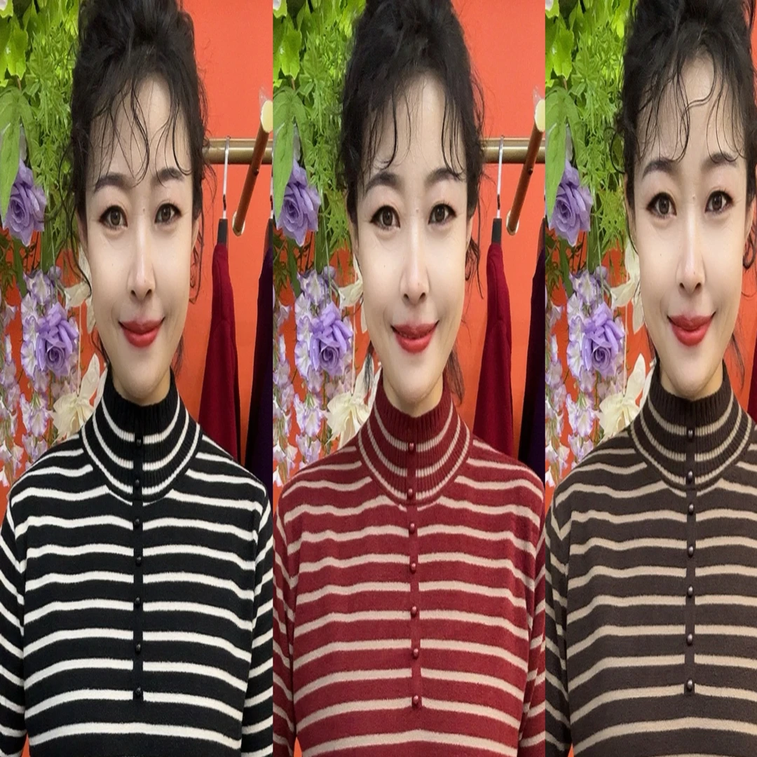 半高领条纹弹力保暖衫