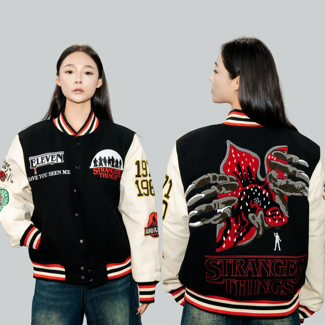 美式棒球服怪奇物语 冬款重磅复古拼接潮流印花男女款外套
