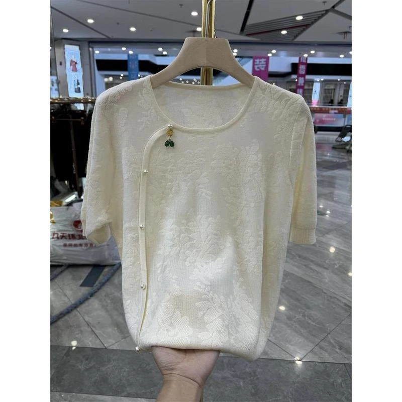 高贵妈妈短袖冰丝T恤衫2025夏装新款洋气小衫气质中老年遮肚上衣