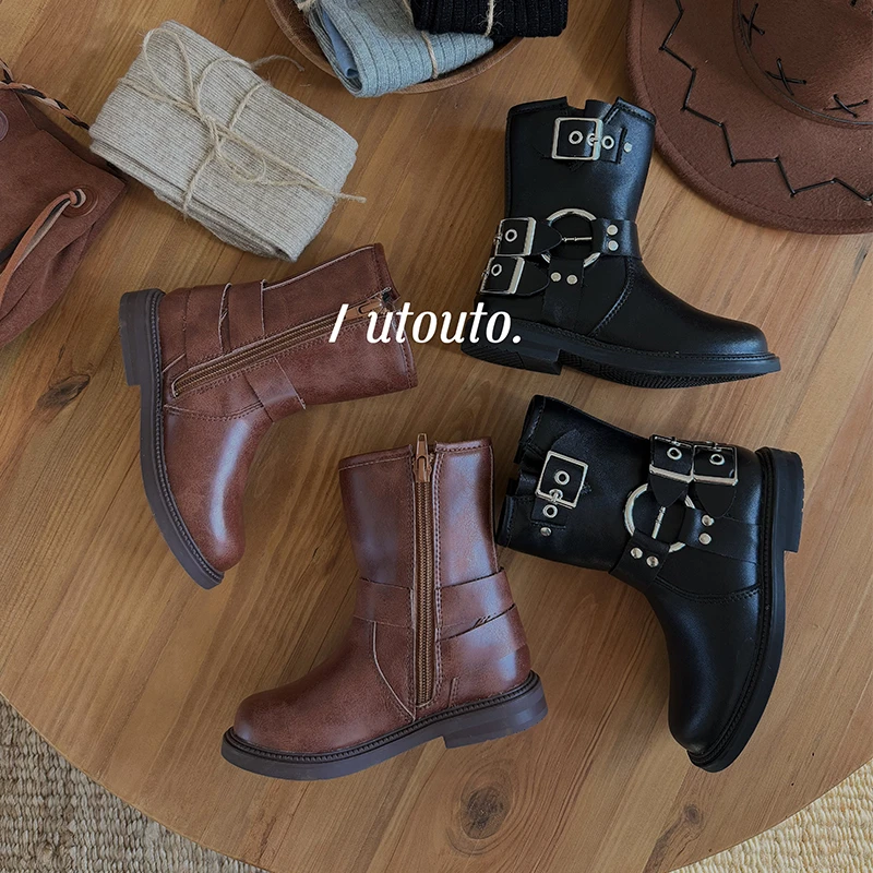 utouto大耳象女童铜扣皮靴2024冬季新款儿童时髦洋气靴子2402147
