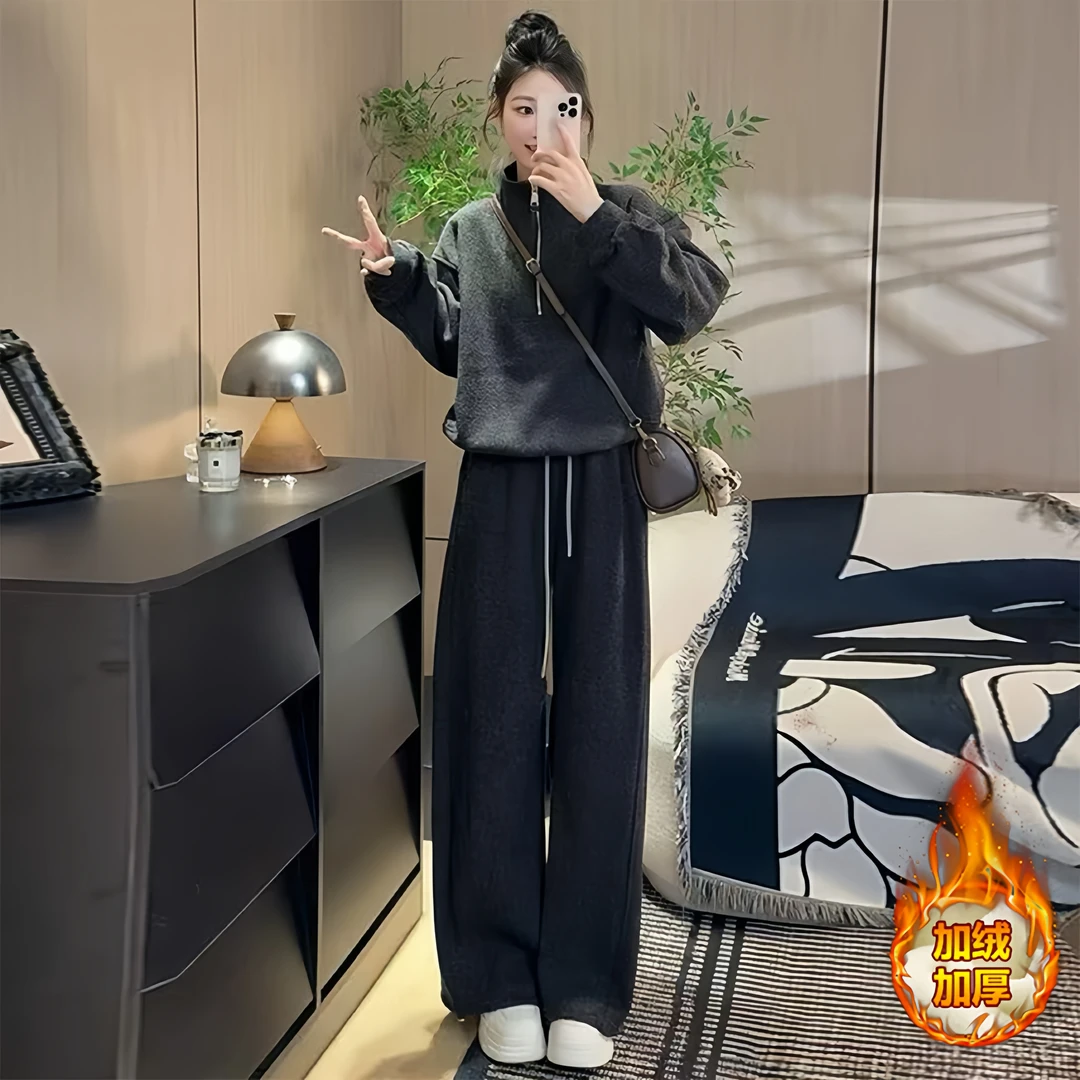 秋冬新款加绒加厚拉链高领外衣上衣冬季显瘦弯刀裤两件套时尚套装