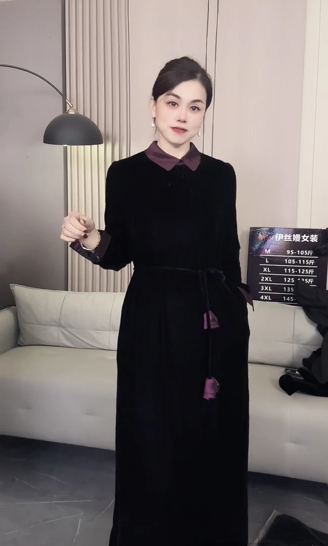 定制丝绒拼接水晶丝缎郁金香腰带设计师款早秋拼色连衣裙