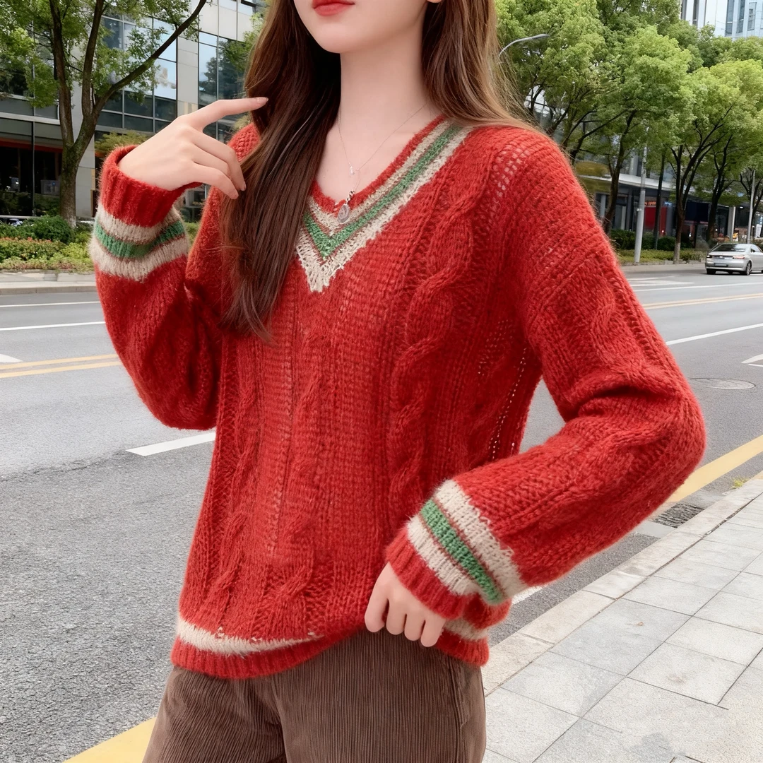 气质设计感拼色v领毛衣2025冬季新款洋气女人味套头长袖针织衫