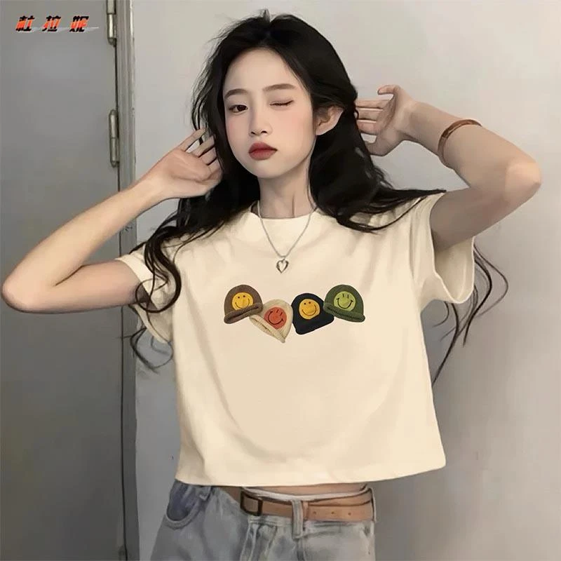 杜拉妮杏色高腰短款正肩t恤女款夏季短袖2025新款宽松纯棉时尚t恤