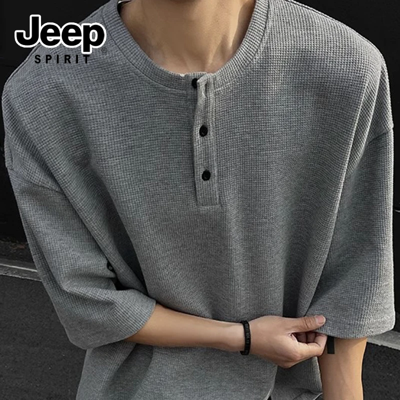 吉普亨利领短袖T恤百搭潮流男夏季重磅宽松华夫格五分袖休闲半袖