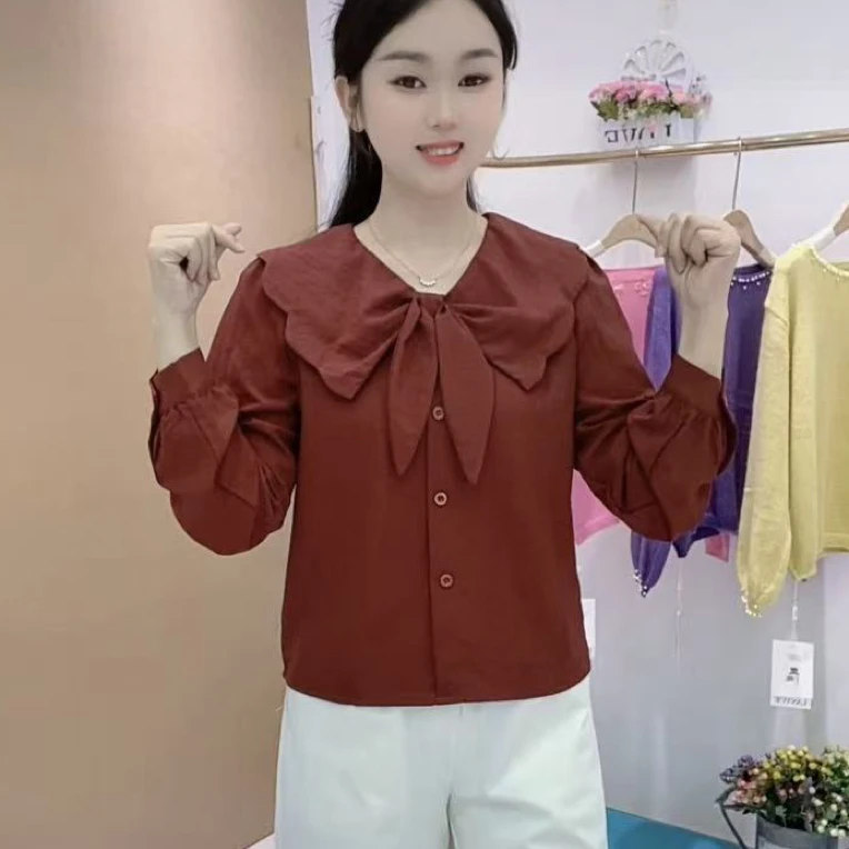 蝴蝶领早秋新款时尚百搭甜美长袖衬衫遮肚减龄短款气质上衣