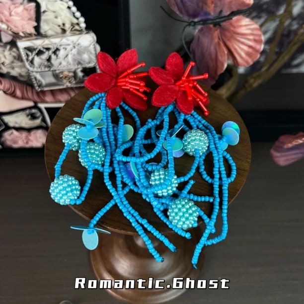 铜合金布艺耳饰 拼色花瓣白色民族风女耳环可爱百搭饰品宝蓝色