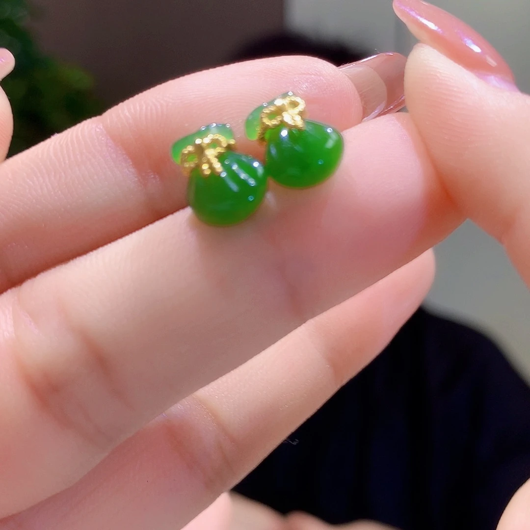 和田玉（碧玉）银S925镀金镶嵌耳饰