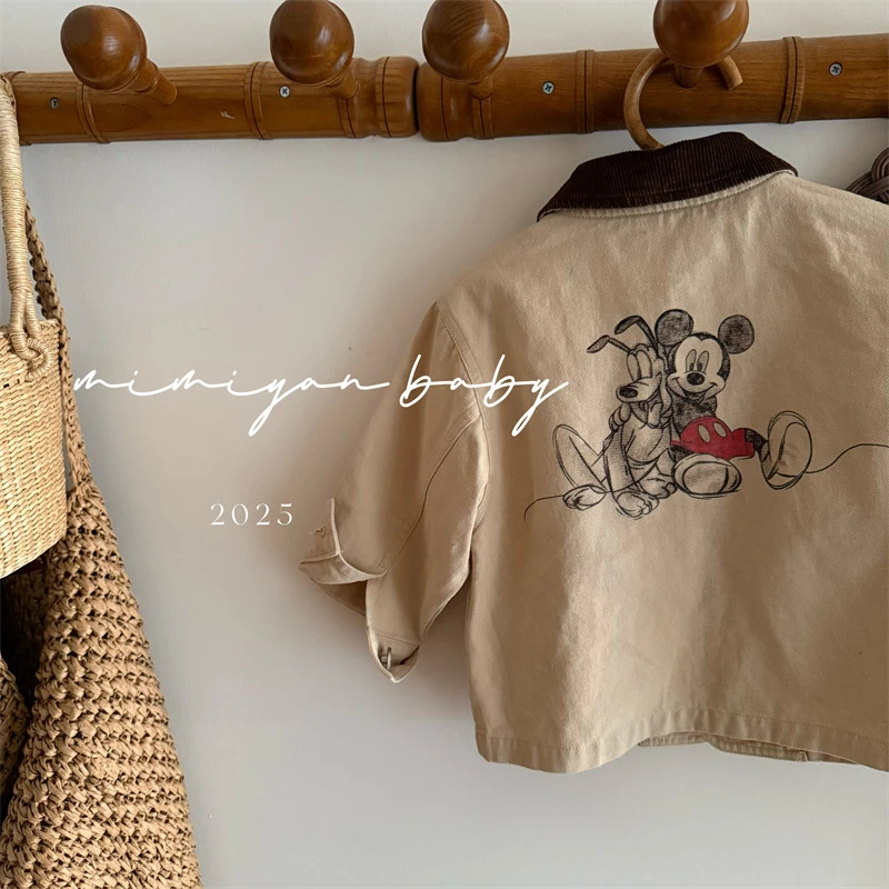 儿童外套2025春季新品男女童卡通翻领外套宝宝撞色棉布夹克