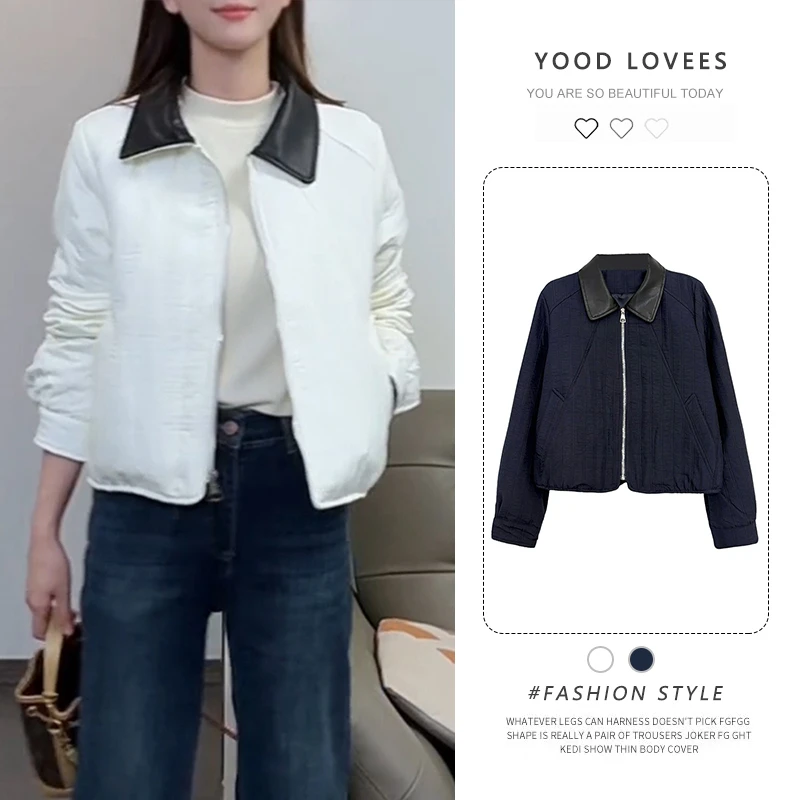 撞色拼接长袖夹棉翻领拉链短外套2025冬季新款简约时尚休闲棉服女