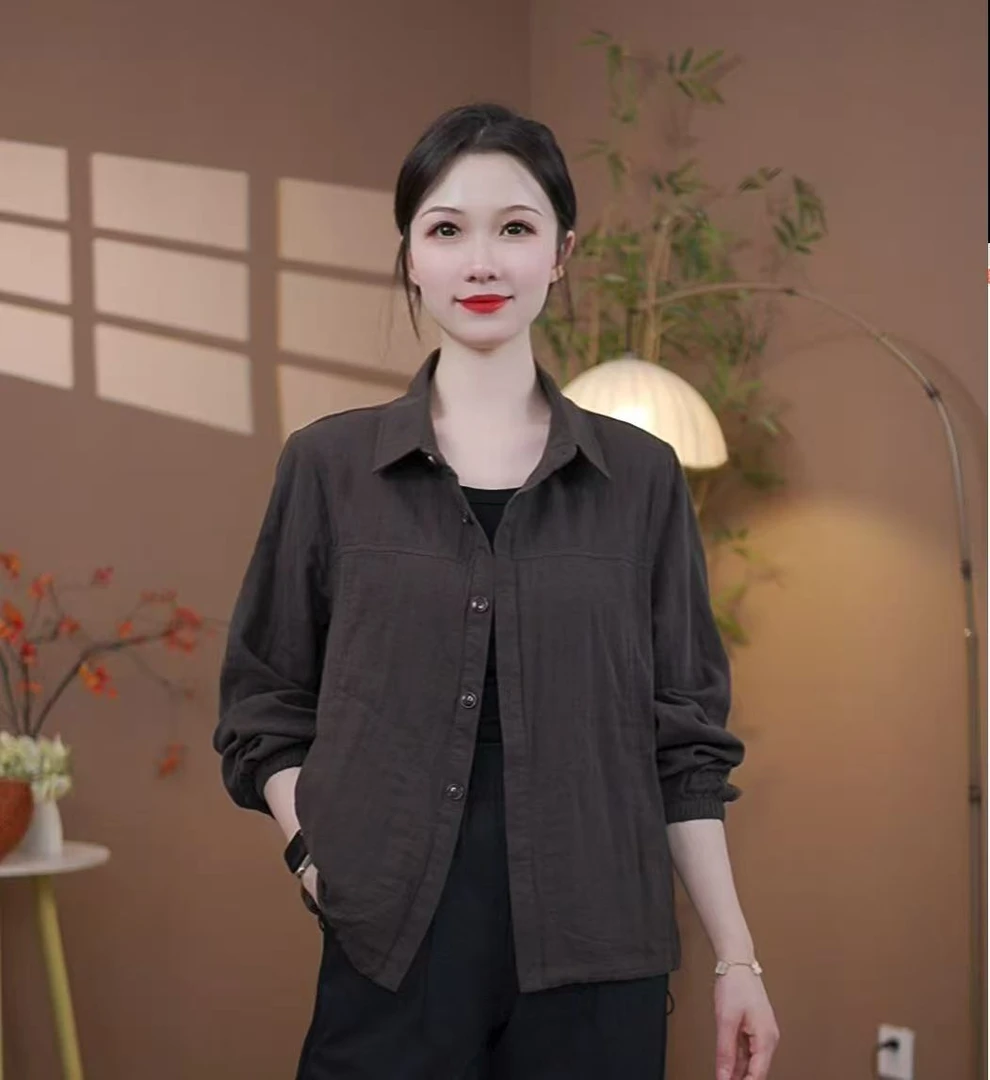 洋气百搭减龄长袖上衣时尚纯色轻薄衬衫外套春秋休闲宽松透气开衫