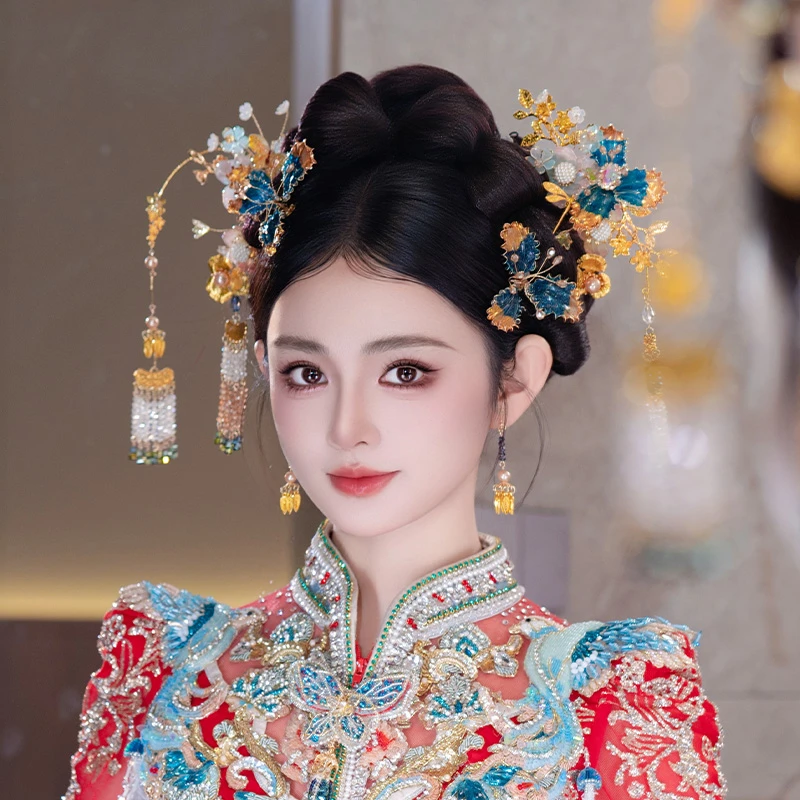 合金婚庆饰品 2025新款新娘蓝金色流苏发簪秀禾旗袍汉服发饰D0452