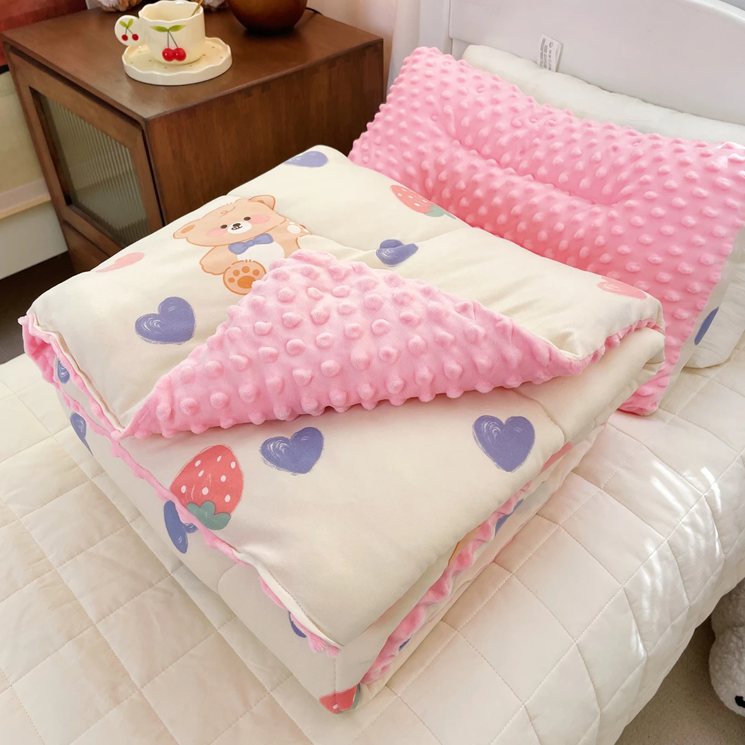 A类针织棉豆豆绒春秋被+同款枕头可直接使用儿童学生被子被芯机洗