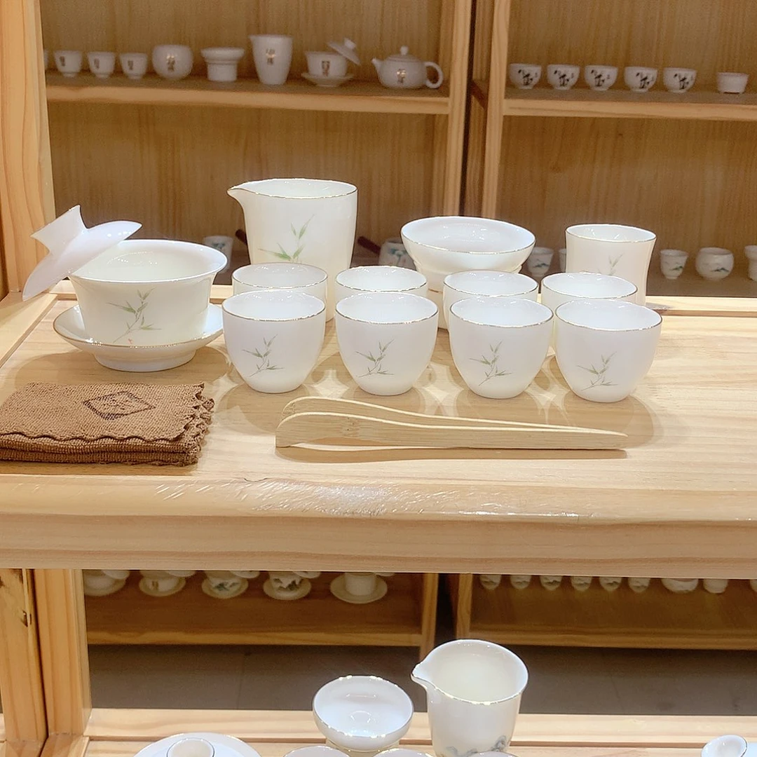 羊脂玉瓷竹报平安15件套功夫茶具