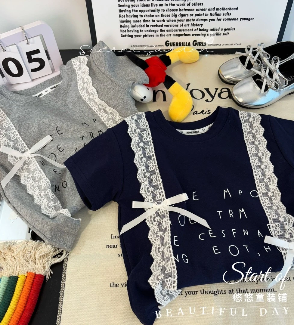 2025夏季新款女童洋气蕾丝上衣韩版设计休闲短袖打底衫