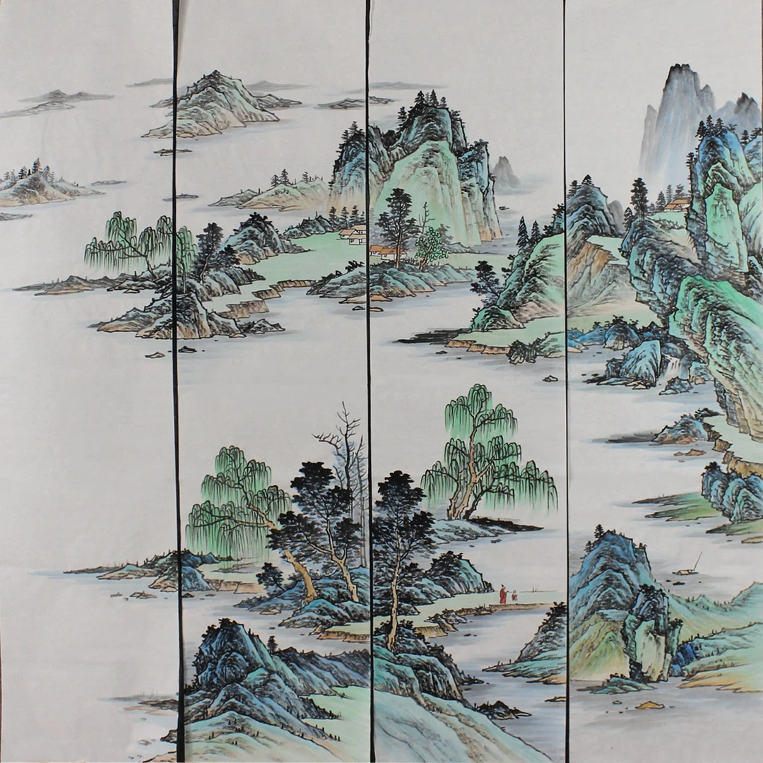 李晓海纯手绘四条屏山水画国画春夏秋冬条幅挂画仿古字画未裱无框