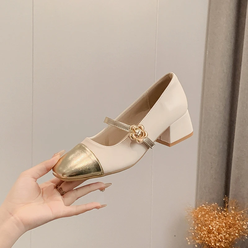 小码女鞋313233粗跟拼色玛丽珍鞋春季2025年新款百搭高跟单鞋34