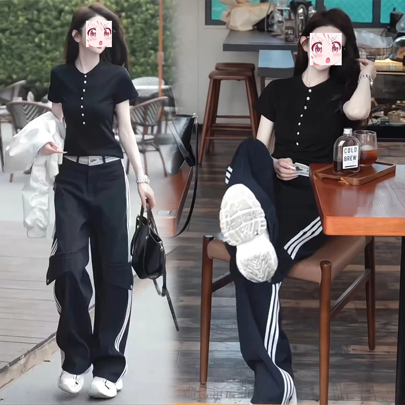 2025夏季圆领正肩短袖t恤三条杠高腰窄版阔腿裤子显瘦两件套装女