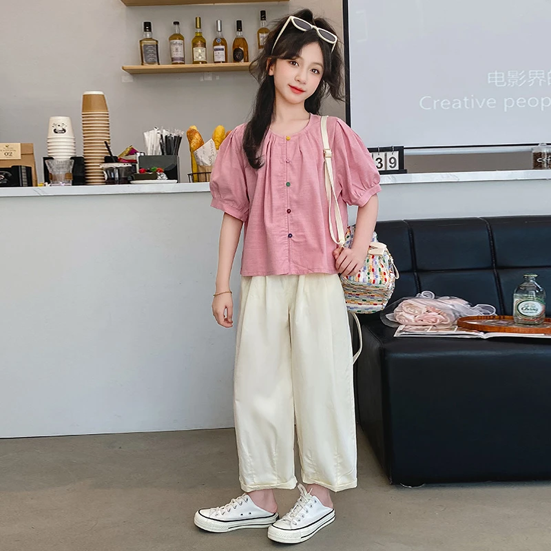 女童夏季套装2025新款儿童洋气时髦薄款夏装大童飞袖娃娃衫两件套