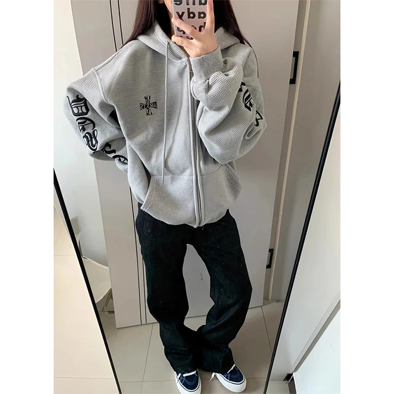 美式高街刺绣开衫卫衣男款秋季哥特风十字架棒球服华夫格连帽外套