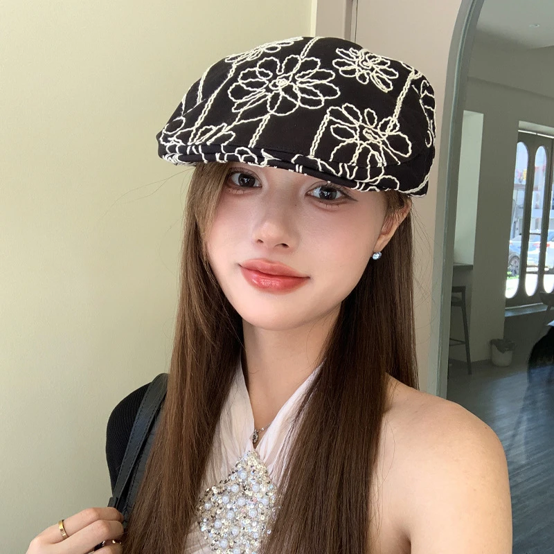 夏季韩版复古花朵刺绣大头围前进帽女出街显脸小百搭时髦贝雷帽子