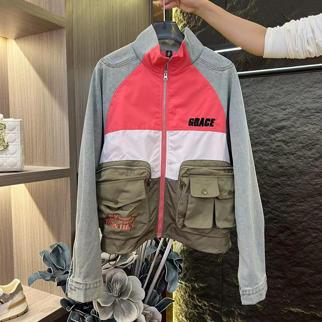 (果果专属）2025早春拼色设计师口袋字母休闲牛仔户外外套A195