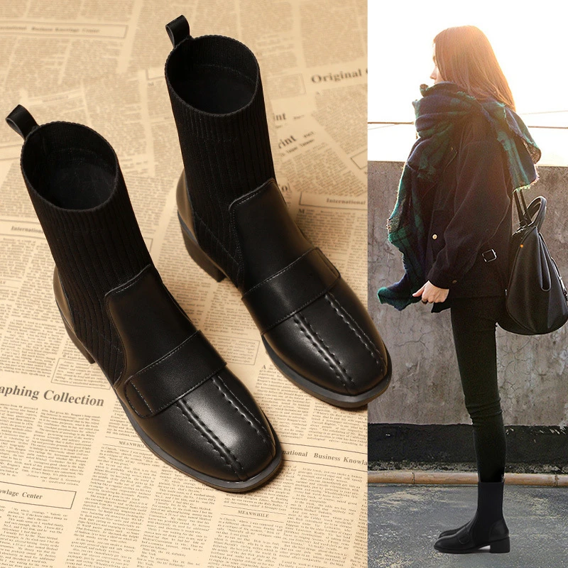 AXY短靴女秋冬新款粗跟瘦腿爆款中筒女靴方头休闲百搭复古秋季