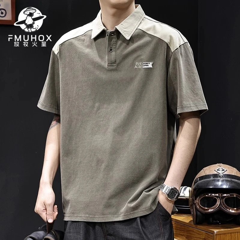 @放牧火星 美式复古Polo衫男士短袖t恤潮牌大码夏季新款撞色拼接