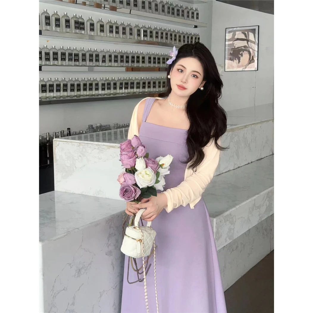 【现货】温柔风套装长袖外搭开衫褶皱收腰吊带连衣裙两件套-6057