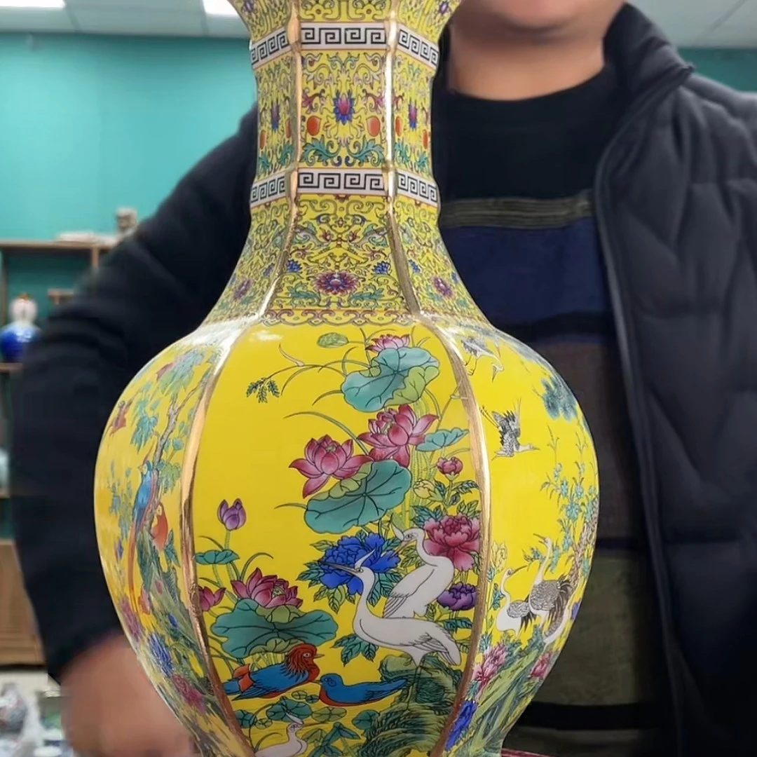 中号六方黄珐琅高档，陶瓷复古摆件景德镇陶瓷