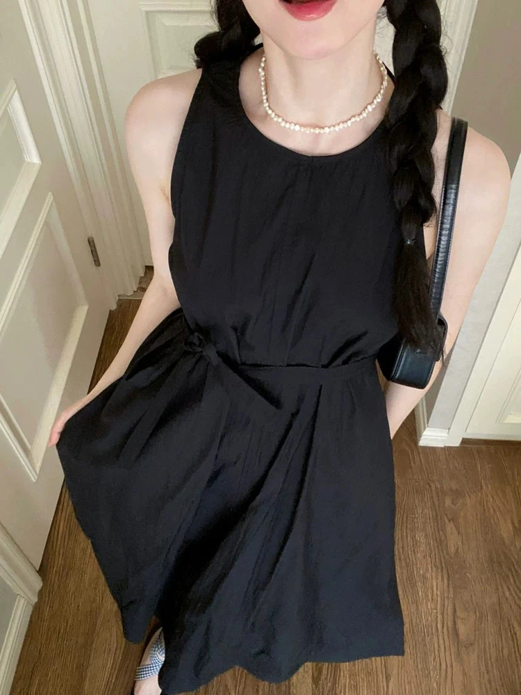 【dd】小黑裙 夏季法式长裙双层带口袋