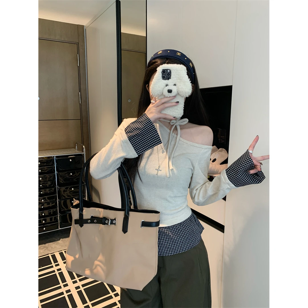 韩系撞色格纹拼接长袖T恤女2025秋季新款设计感纯欲心机绑带上衣