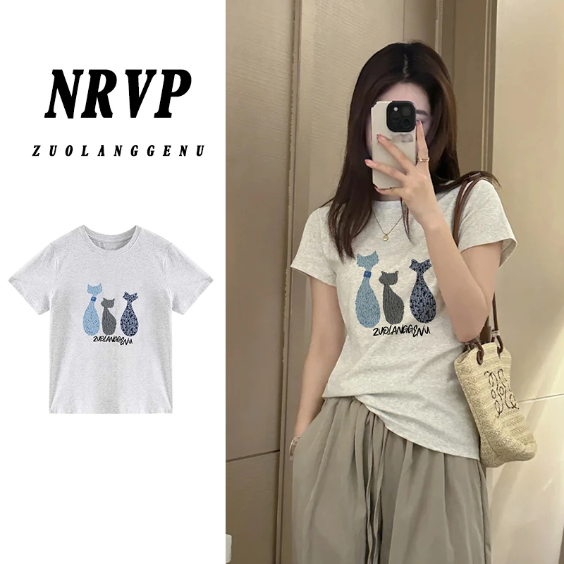 有趣小猫正肩短袖t恤女140斤到160斤微胖大码女装修身弹力棉上衣