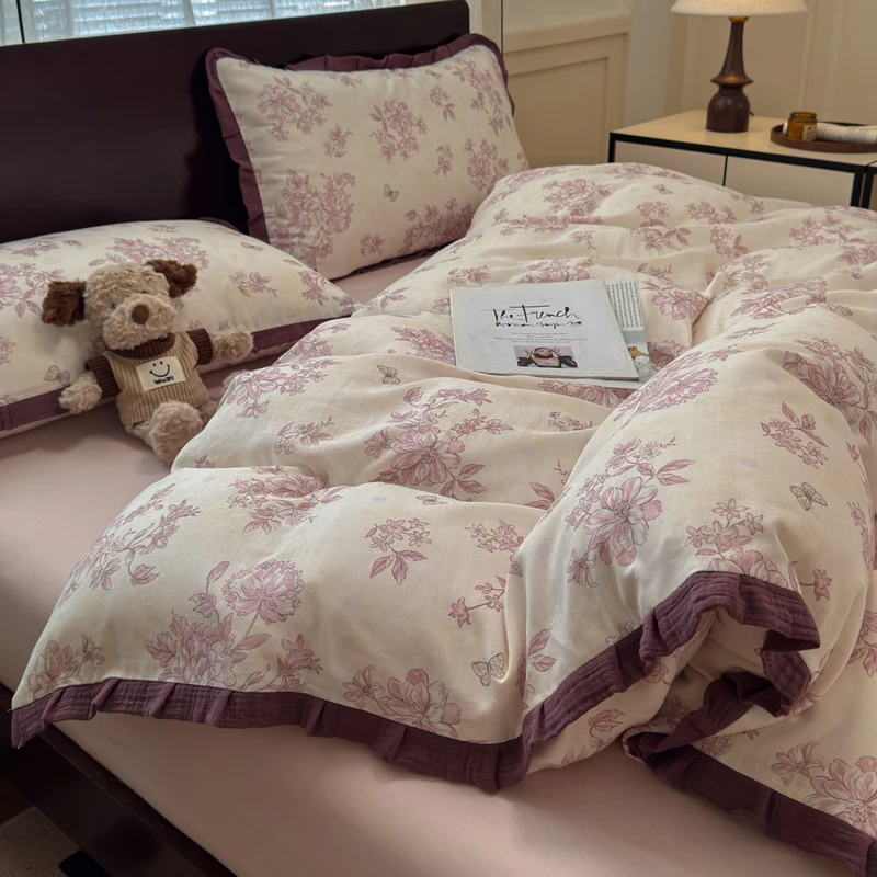 法式复古双层皱皱纱全棉床上四件套公主风花边纯棉被套床单三件套