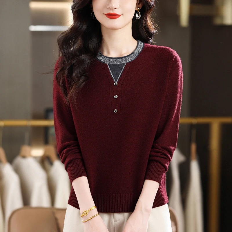 春秋大码烫钻针织衫女士宽松显瘦洋气红色毛衣百搭秋冬圆领打底衫