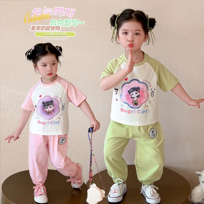 女童夏季套装2025新款儿童洋气卡通亮片哪吒短袖上衣运动裤两件套
