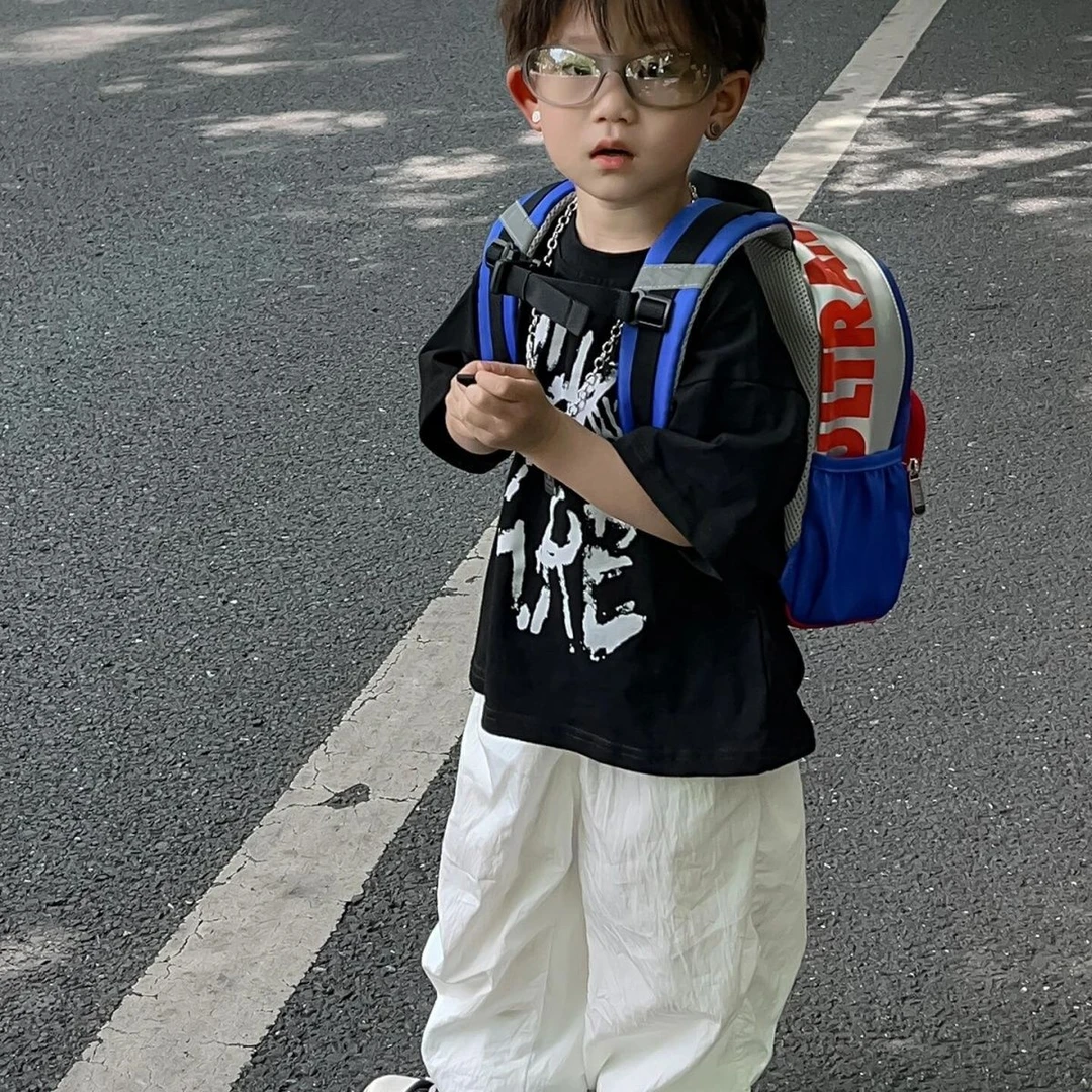 男童干凉山本夏季新款纯棉短袖涂鸦阔腿裤中大童T恤潮款套装爆款