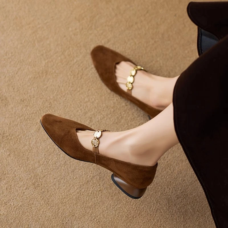 明星同款鞋子真皮方头金币链玛丽珍鞋女2025新款舒适百搭低跟单鞋