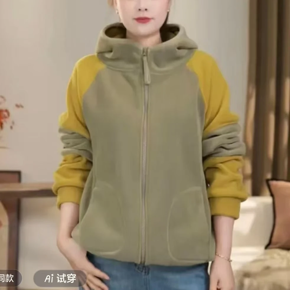 2025秋冬新款外套时尚休闲百搭双面澳粒绒减龄加绒连帽拼色外套