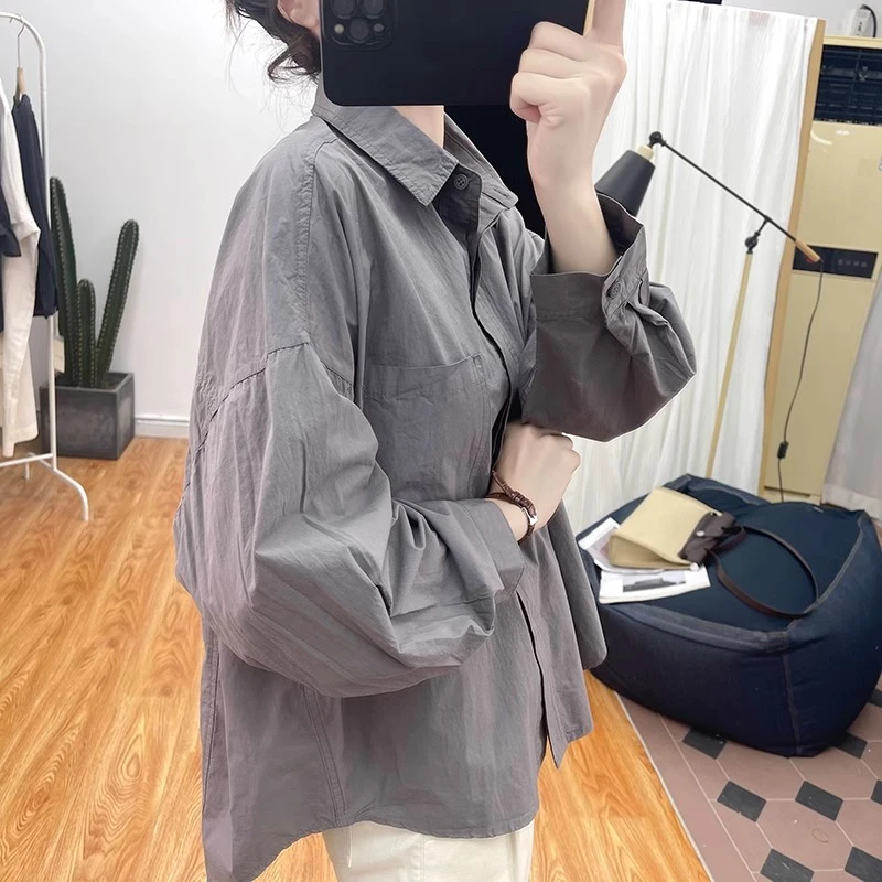 1105韩系纯棉落肩袖长袖衬衫女设计感宽松上衣2025新款polo领衬衣