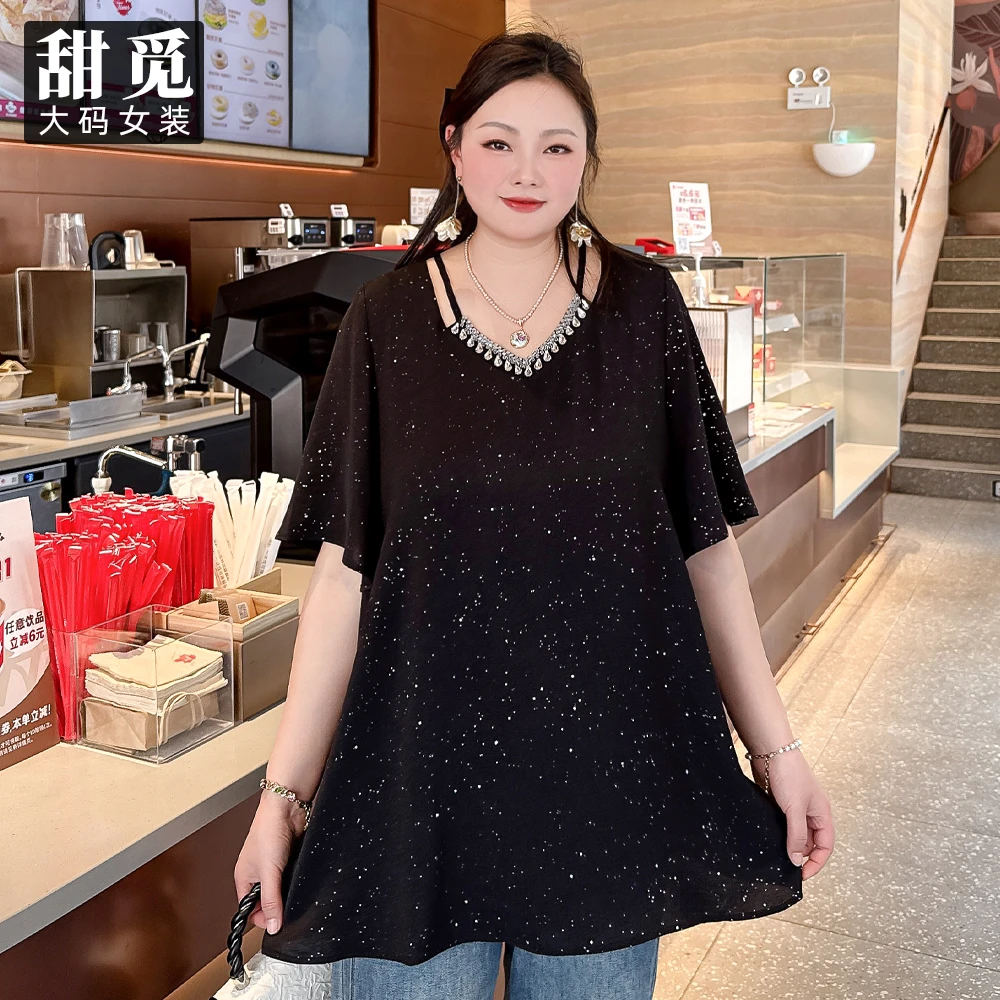 甜觅特大码女装2025夏装胖mm300斤重工手工中长款V领雪纺衫上衣