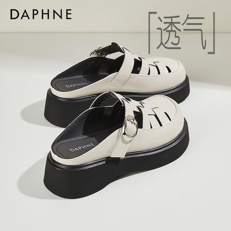 达芙妮增高罗马凉鞋女款外穿凉拖鞋秋季镂空编织猪笼鞋包头半拖鞋