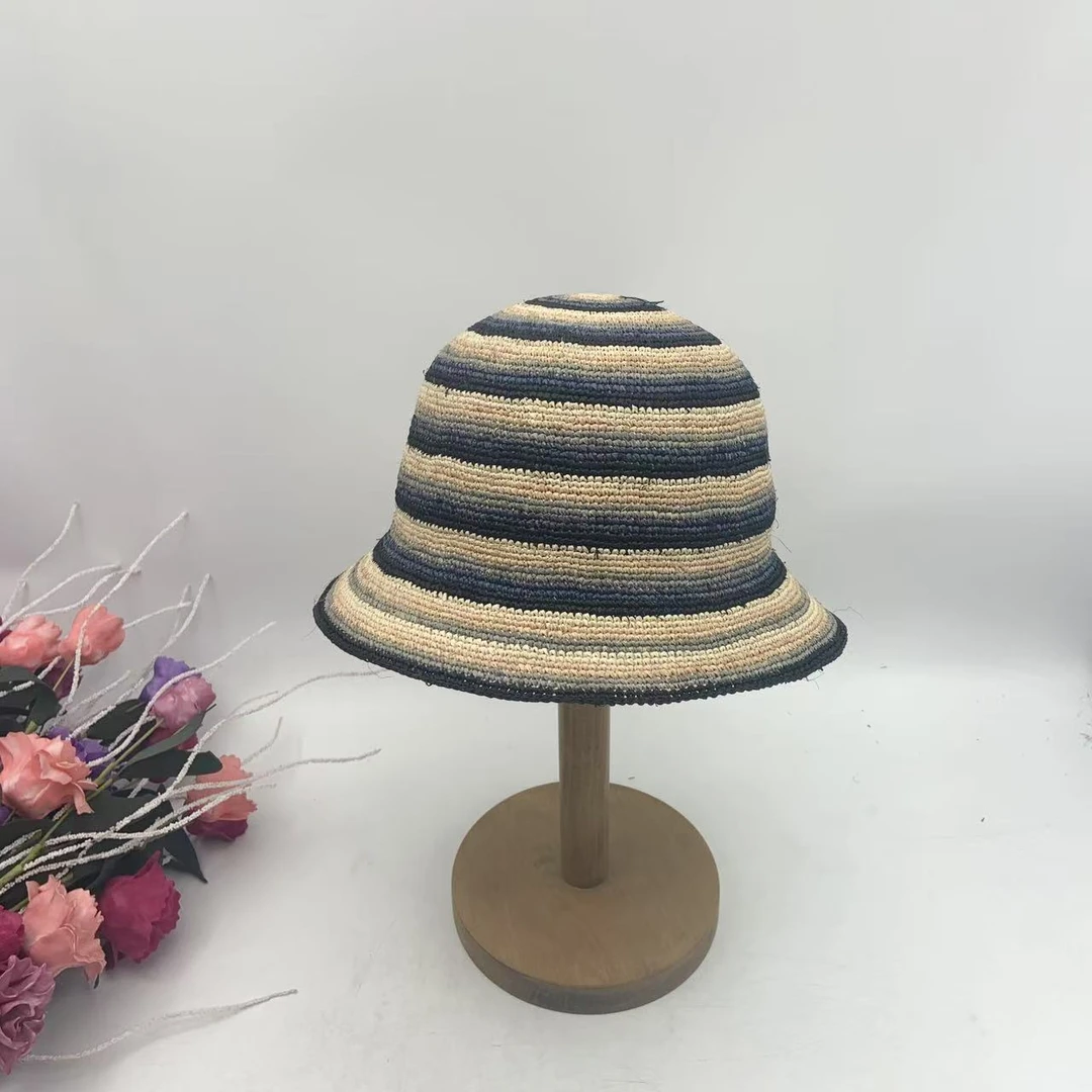 精细拉菲草撞色条纹渔夫帽