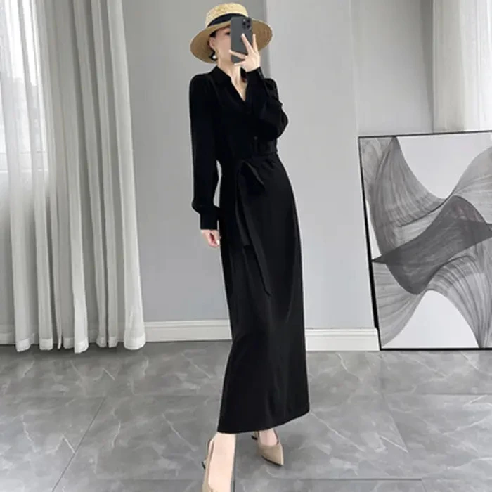 大码胖mm赫本风超长黑色长袖连衣裙女过膝收腰显瘦秋季长款裙子女